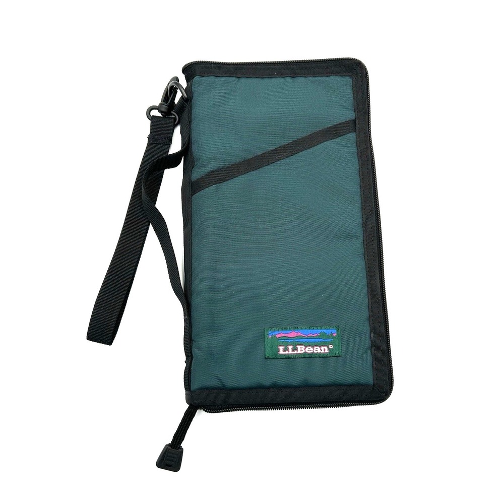 LL Bean Green Nylon Travel Wallet Organizer Passport Case Zip Clear‎ ID Window